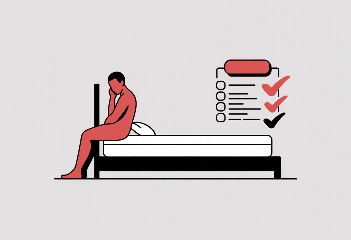 A person sitting on the edge of a mattress in a bedroom, considering their choice with checkmarks floating nearby.