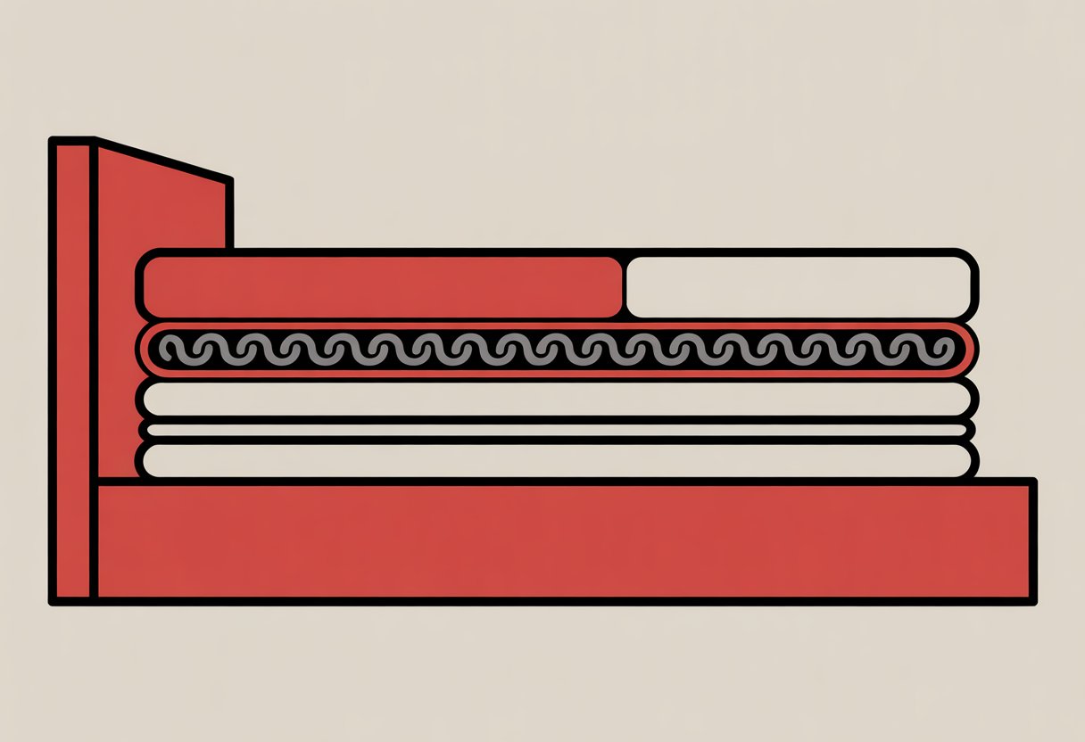 A simplified cross-section of a hybrid mattress showing distinct horizontal layers including coils, foam, and a base layer, using only red, black, and white colors.