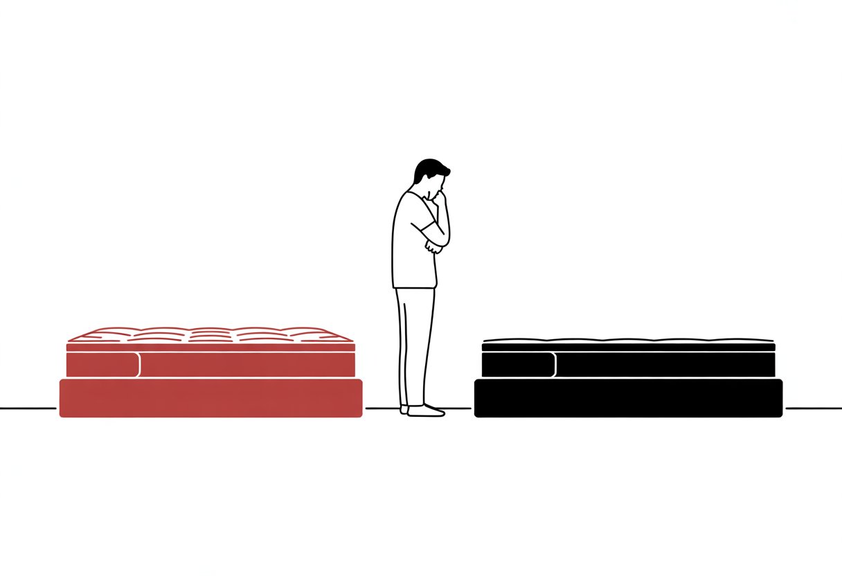 A person standing and comparing two mattresses side by side.