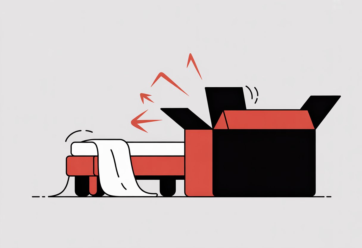 A simple illustration showing a mattress partially coming out of a box with arrows indicating it unfolding.