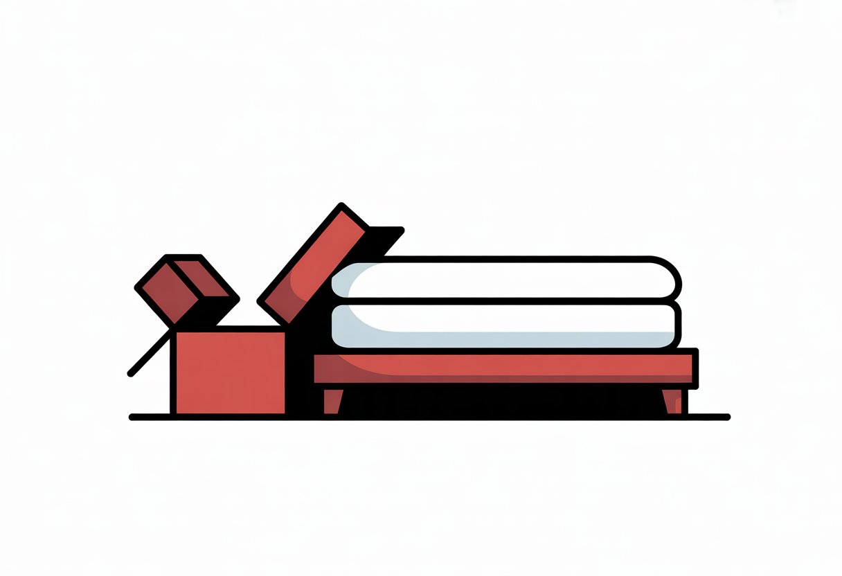 A simple illustration of a mattress partially taken out of an open box in a bedroom.
