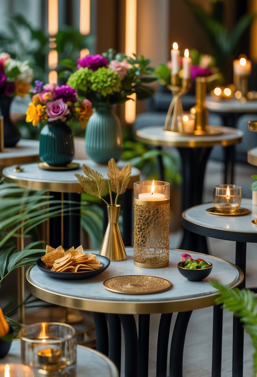 Several cocktail tables decorated with flowers, candles, glassware, and snacks arranged for a party.