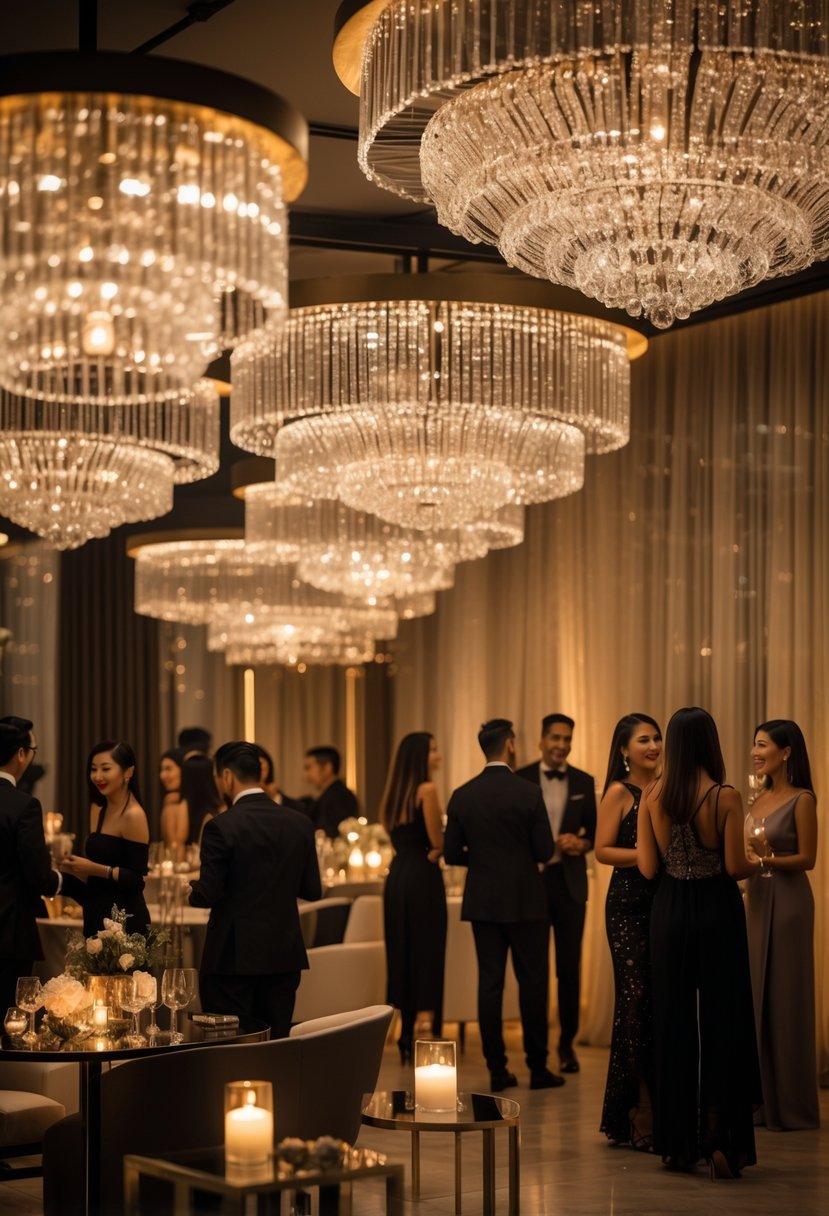 An indoor night cocktail party with crystal chandeliers hanging from the ceiling, guests mingling around cocktail tables in an elegant room.