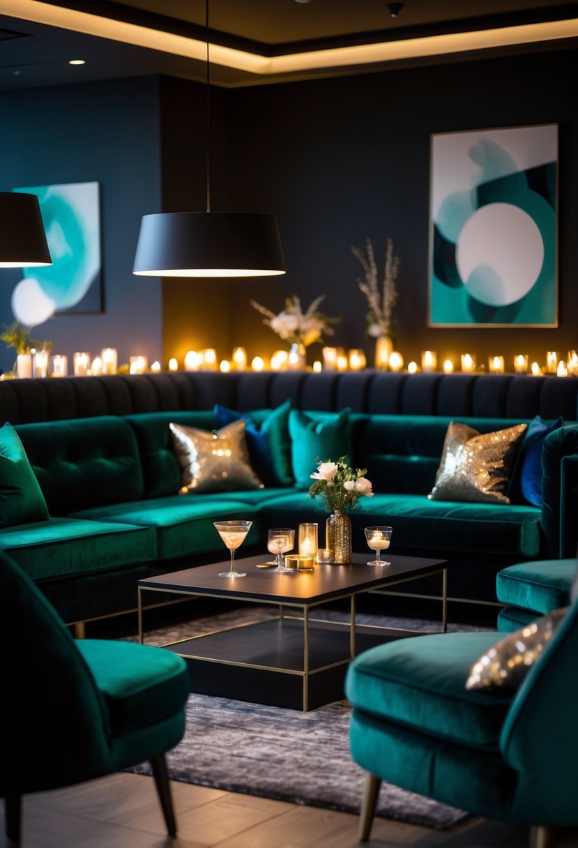 A cozy lounge area with velvet sofas and armchairs arranged around a table with cocktail glasses and soft lighting.