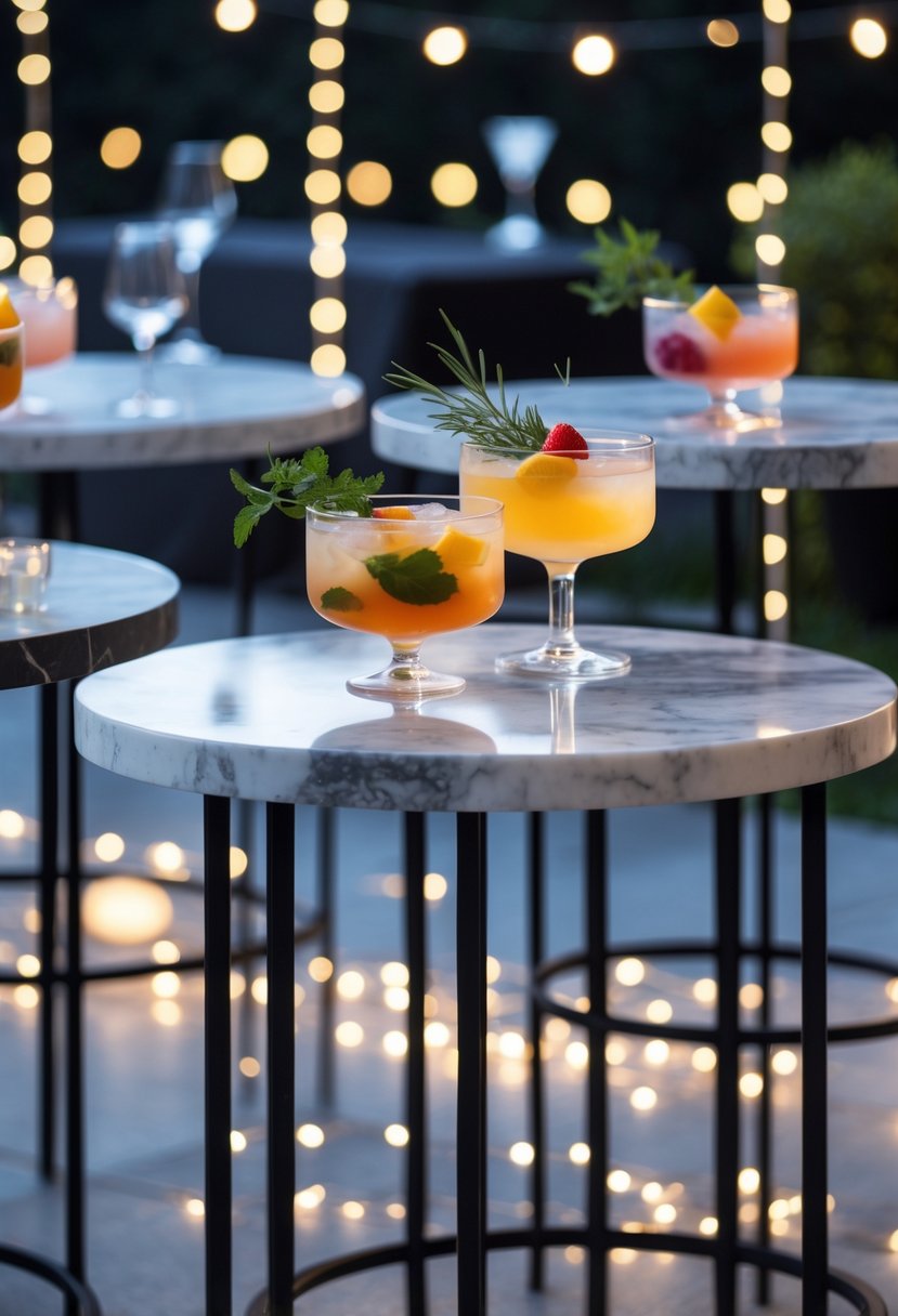 A nighttime party scene with marble cocktail tables holding colorful drinks and garnishes under soft warm lighting.