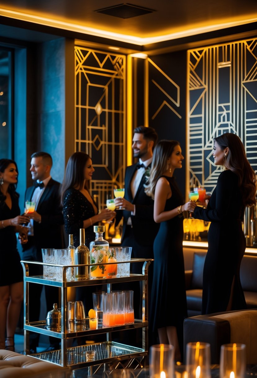 A stylish night cocktail party scene with people mingling near geometric patterned walls, elegant furniture, and a bar cart with drinks.