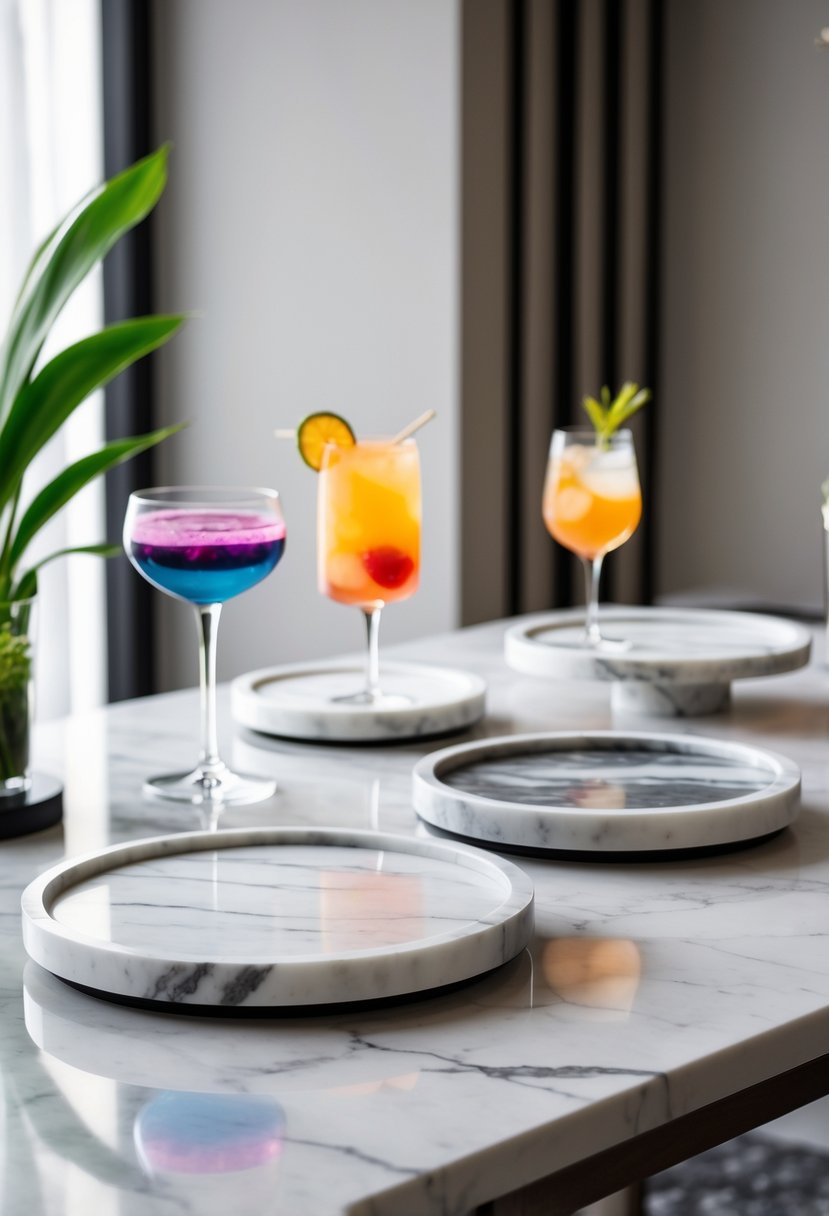A cocktail table with marble coasters and trays, accompanied by cocktail glasses with colorful drinks.