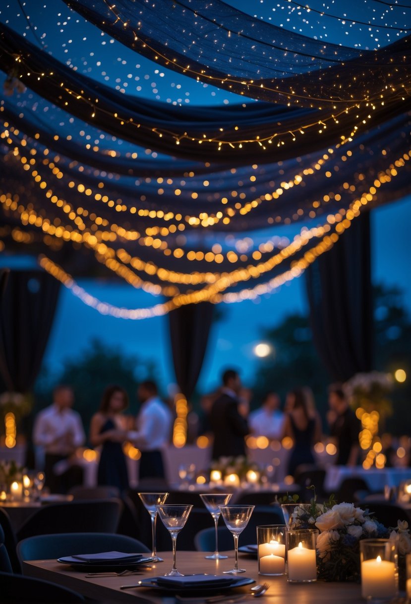 A nighttime cocktail party scene with dark ceiling drapes decorated with glowing fairy lights and tables set with drinks and candles.