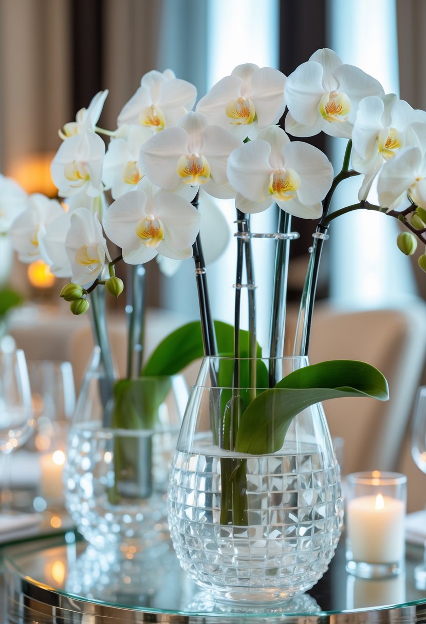 Crystal glass vases holding fresh white orchids arranged on a cocktail table with party decorations.