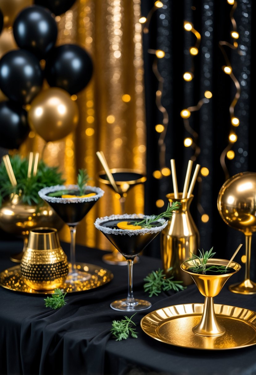 A nighttime cocktail party table decorated with black and gold elements, including glasses, candles, balloons, and lights.