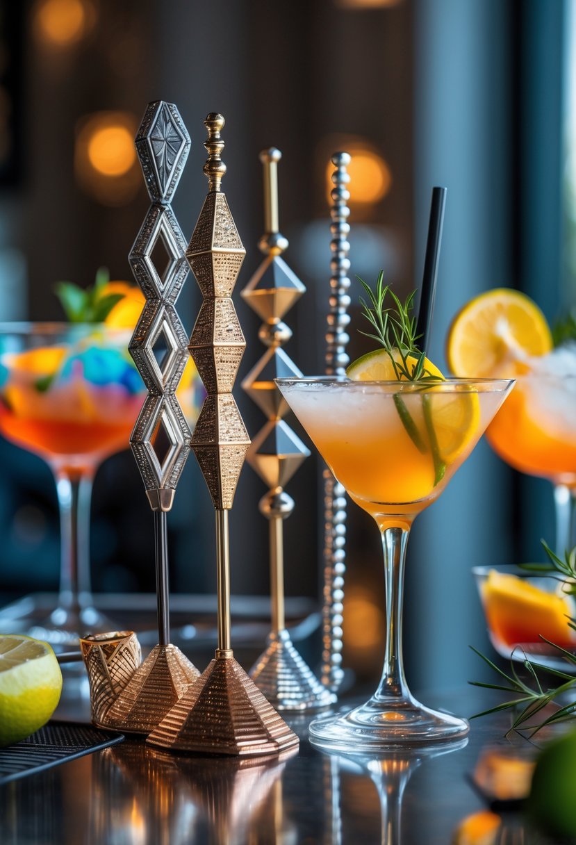 A close-up view of metallic drink stirrers arranged on a cocktail table with glasses of colorful drinks and garnishes.