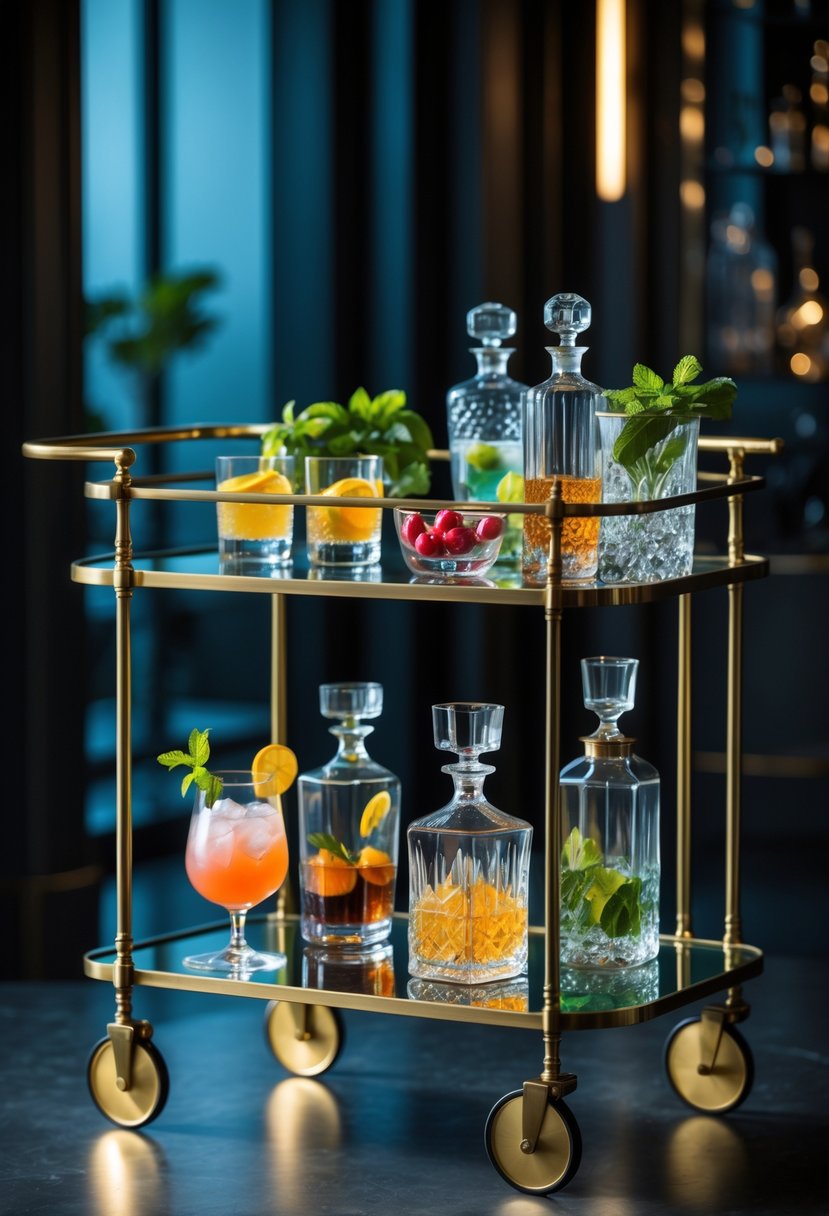 A vintage brass bar cart with cocktail glasses, decanters, and garnishes arranged for a night party in a softly lit indoor setting.