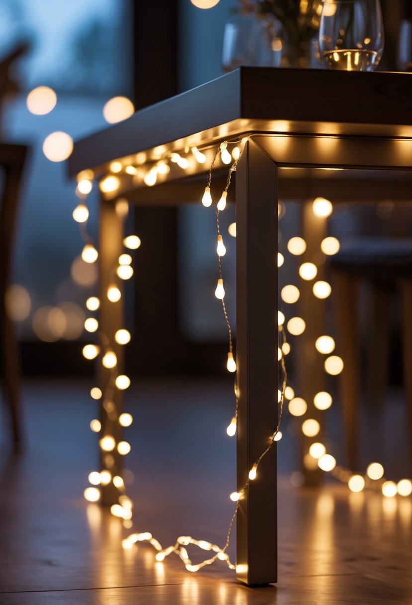 Close-up of soft warm white LED string lights wrapped around the legs of a cocktail table.