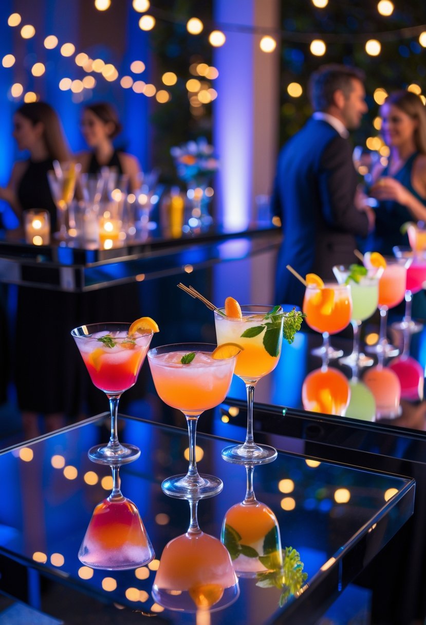 Nighttime cocktail party with mirror-topped tables displaying colorful drinks and guests socializing under warm ambient lighting.