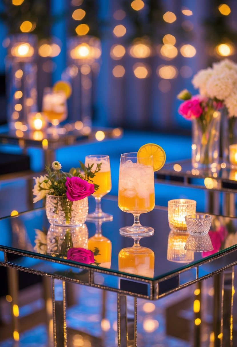 Cocktail tables with mirrored tops reflecting glasses, drinks, and floral decorations at a party.