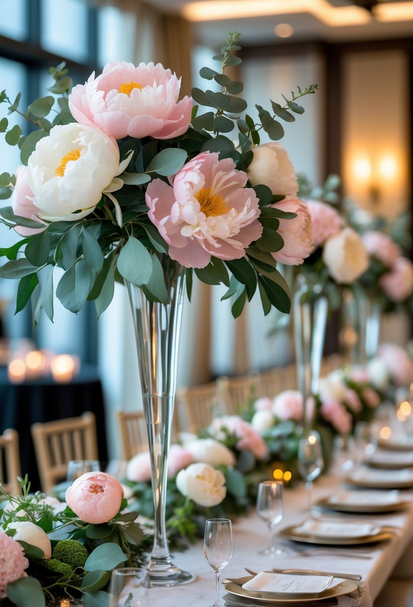 Tall floral arrangements with pink and white peonies and green eucalyptus leaves on cocktail tables at a party.