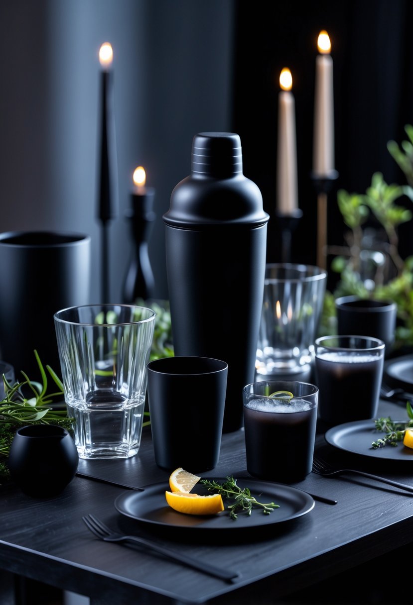 A table set with black matte cocktail ware and clear glassware, decorated with candles and greenery for a night party.