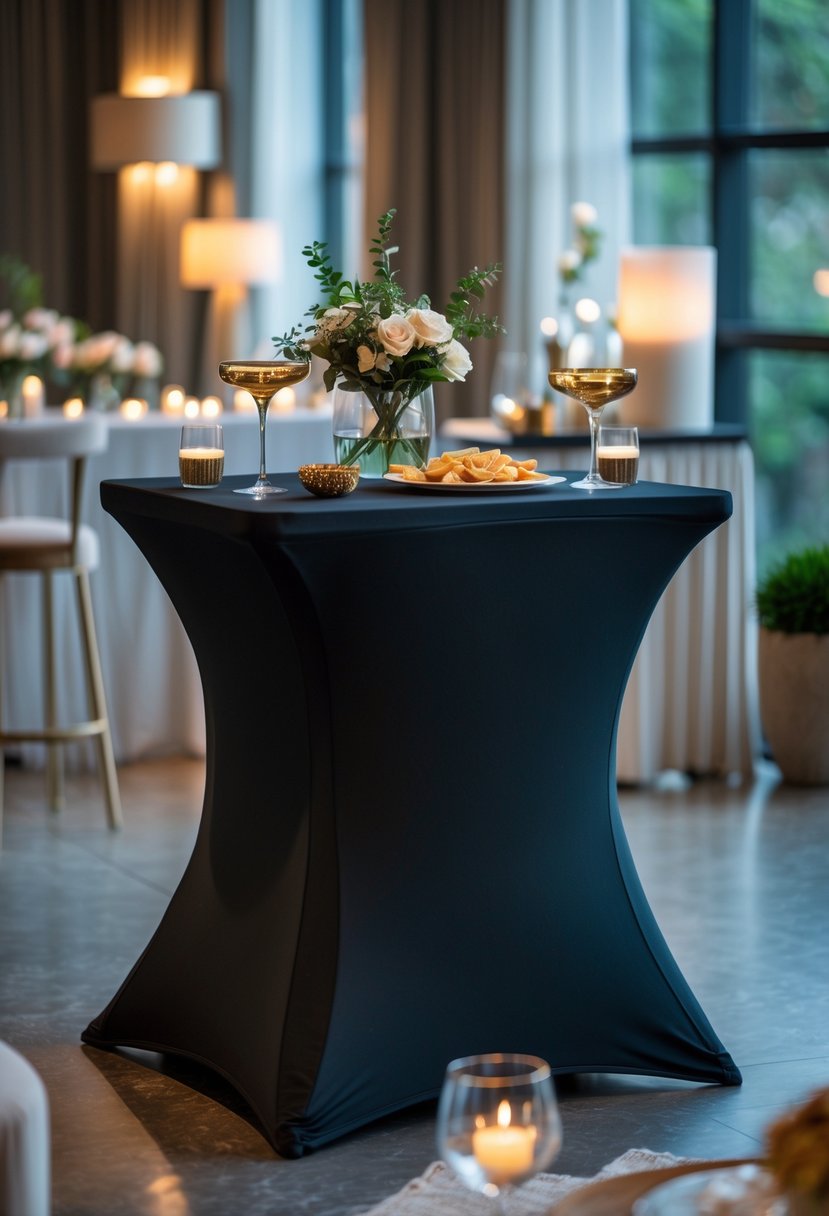 A black spandex-covered cocktail table decorated with glassware and small floral arrangements in a softly lit party setting.