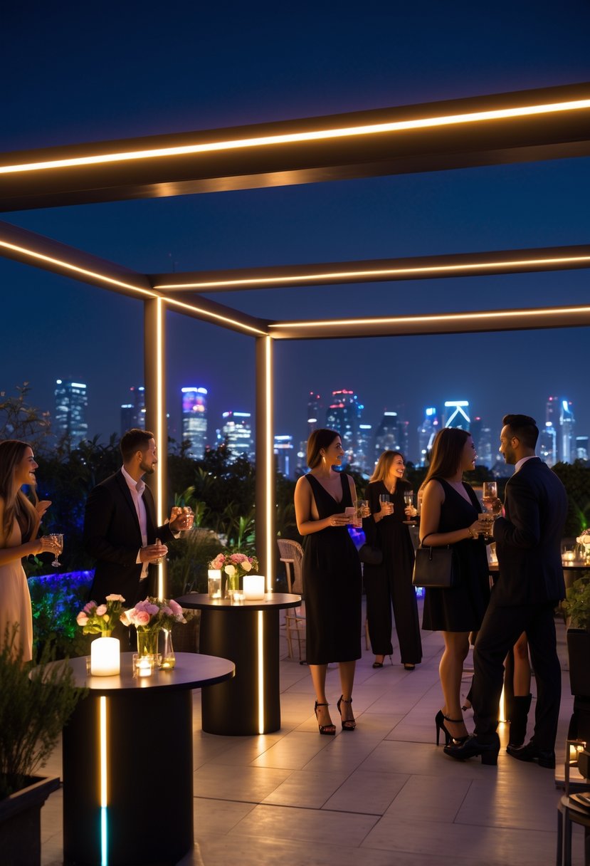 A nighttime cocktail party with people socializing around decorated tables illuminated by soft LED lights.