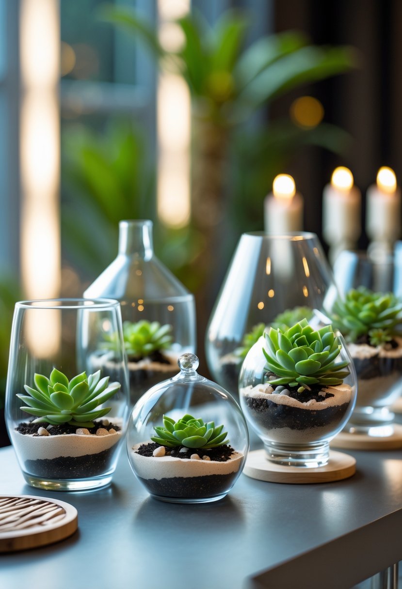 Small green succulents arranged inside clear glass terrariums on a cocktail table with soft lighting.