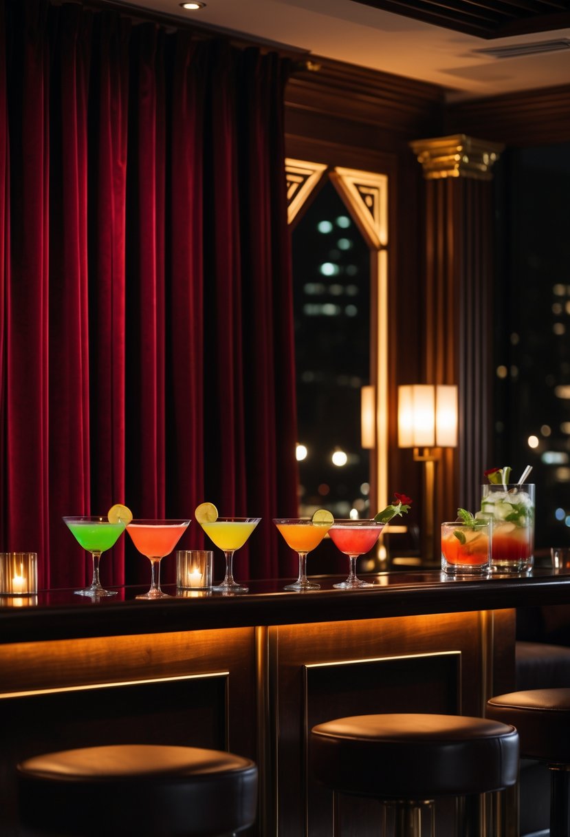 A dimly lit cocktail party scene with velvet curtains, a wooden bar counter with drinks, and cozy seating.