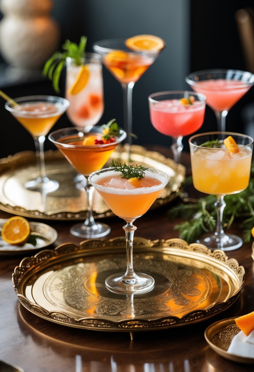 A wooden table with vintage brass trays displaying various colorful cocktails garnished with herbs and citrus slices.