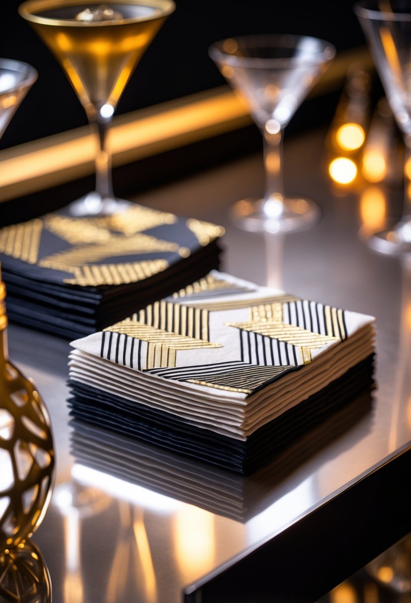 Close-up of geometric patterned cocktail napkins arranged on a table with blurred cocktail glasses and warm lighting in the background.