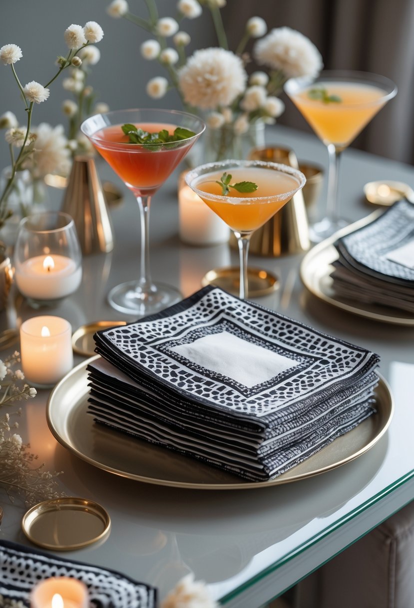 A cocktail table set with black and white patterned napkins, glassware with drinks, candles, and decorative accents.