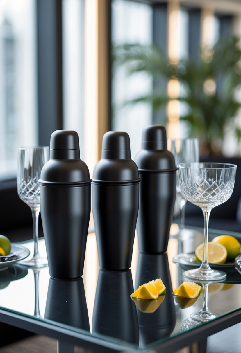 A set of matte black cocktail shakers displayed on a cocktail table with glasses and citrus garnishes.