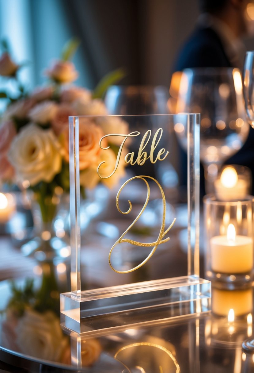 Clear acrylic table numbers with gold calligraphy placed on a cocktail table surrounded by party decorations.