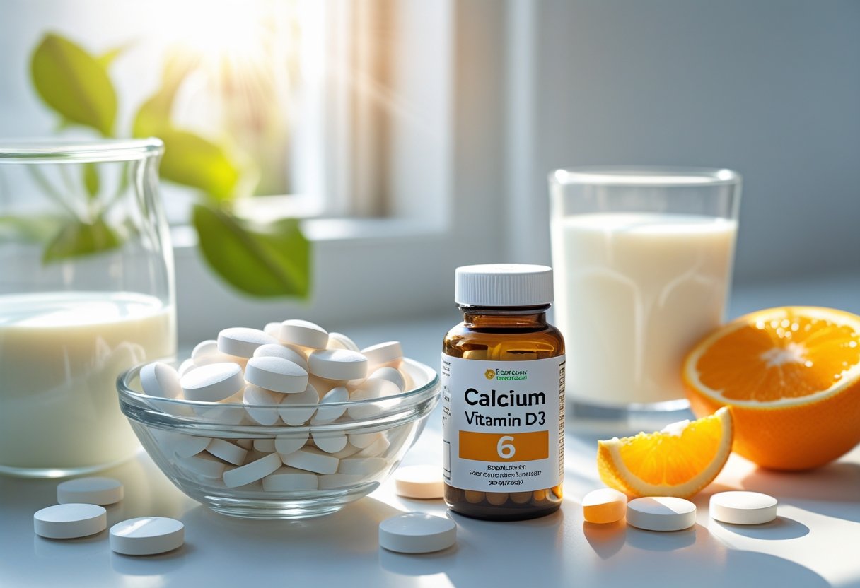 Close-up of calcium tablets and a vitamin D3 supplement bottle on a table with milk and an orange slice nearby, illuminated by natural sunlight.