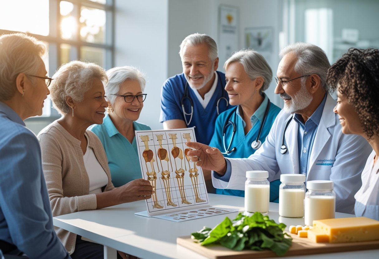 A diverse group of adults and elderly people in a healthcare setting discussing bone health with a professional, with calcium-rich foods and vitamin D3 supplements on a table nearby.