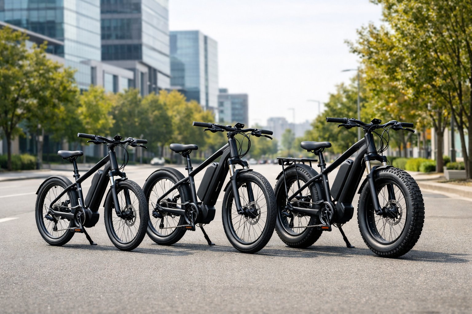 Three electric bikes of different sizes and designs parked side by side on a city street with trees and buildings in the background.