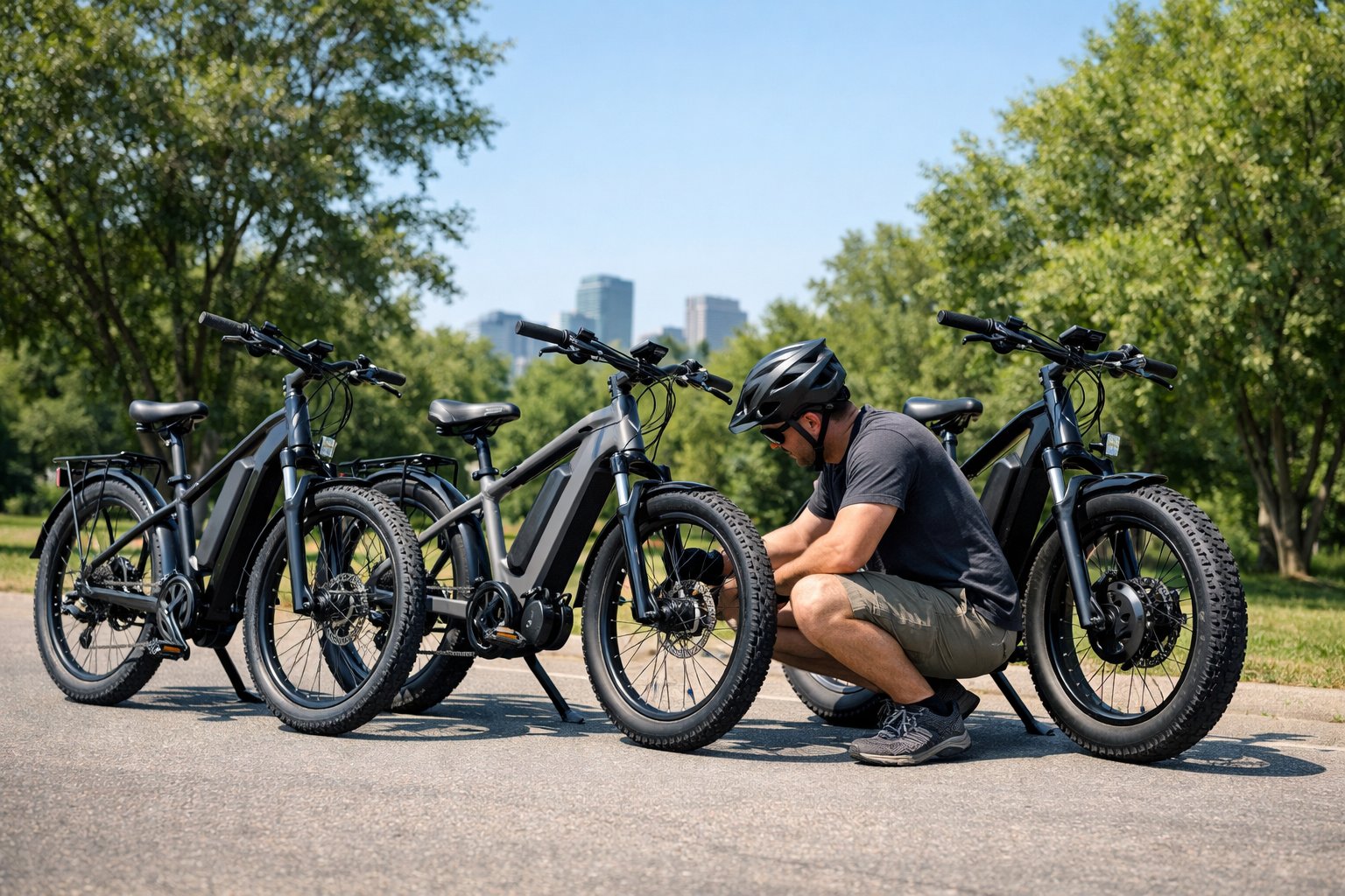 Three electric bicycles with different motor sizes parked outdoors on a sunny day with a person examining one of them.