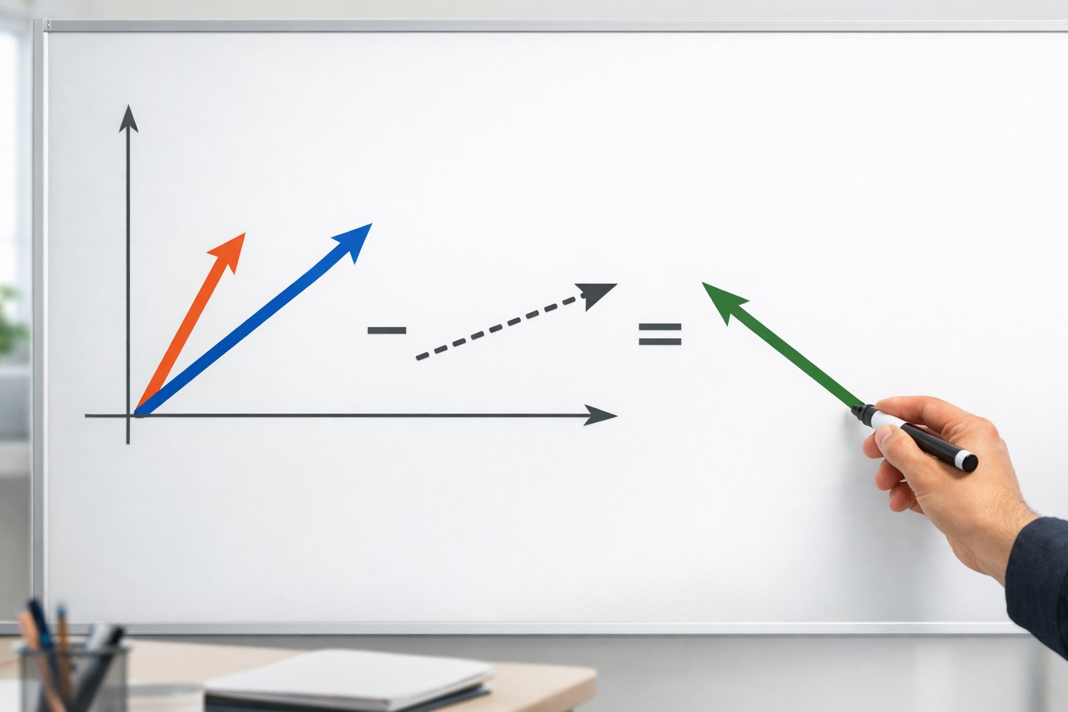 Ruka koja pokazuje na bijelu ploču s obojenim vektorskim strelicama koje ilustriraju oduzimanje vektora.