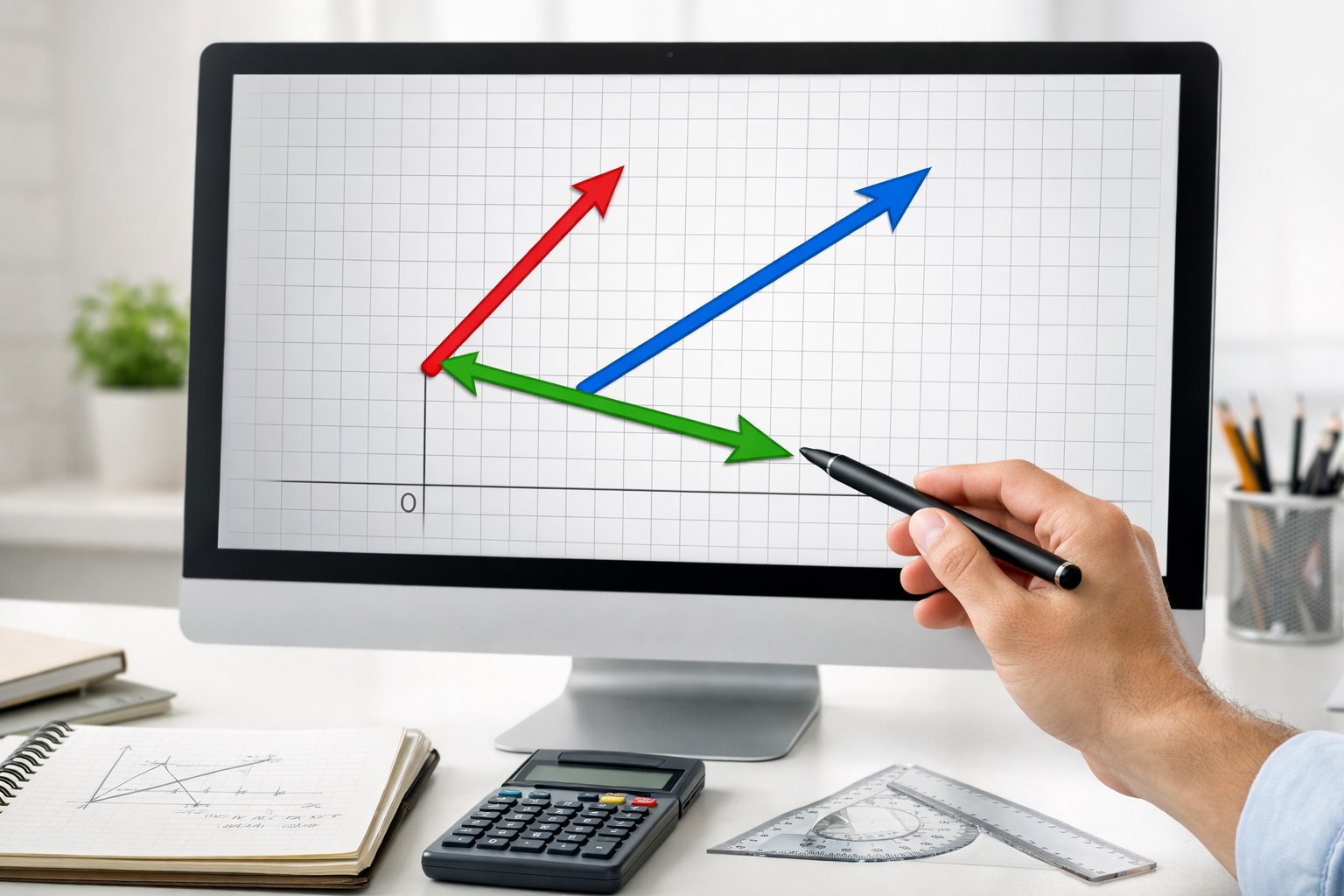 Radni prostor s računalnim zaslonom koji prikazuje oduzimanje vektora pomoću obojenih strelica na mreži, s rukom koja pokazuje na zaslon i urednim stolom s bilježnicom i matematičkim alatima.