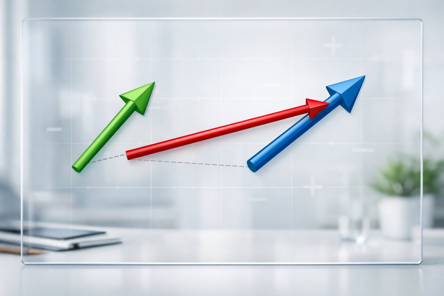Prikaz digitalnog zaslona s tri obojena 3D vektorska strelica koje ilustriraju oduzimanje vektora u matematici.