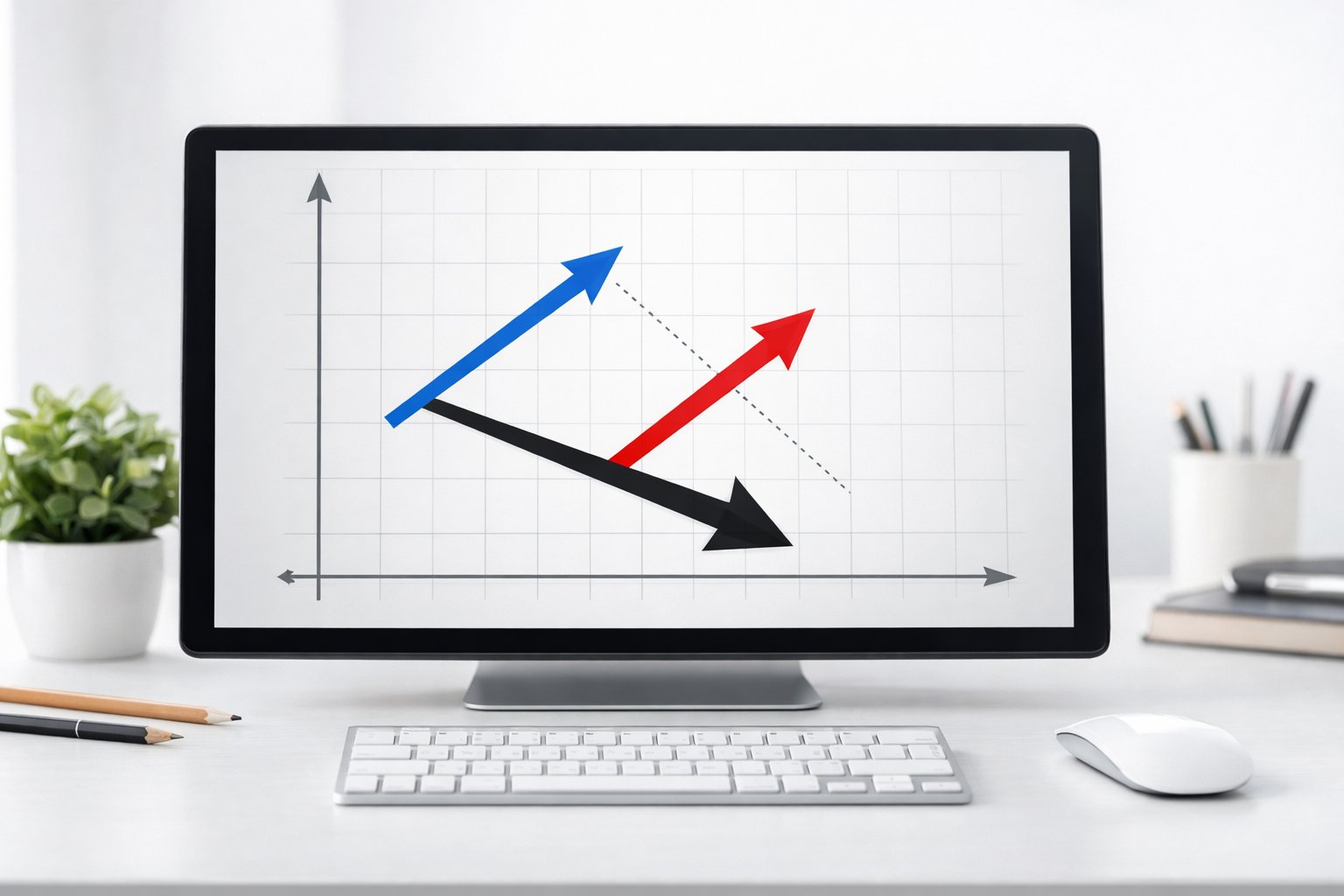Radni prostor s digitalnim zaslonom koji prikazuje obojene vektorske strelice na koordinatnom sustavu, ilustrirajući oduzimanje vektora.