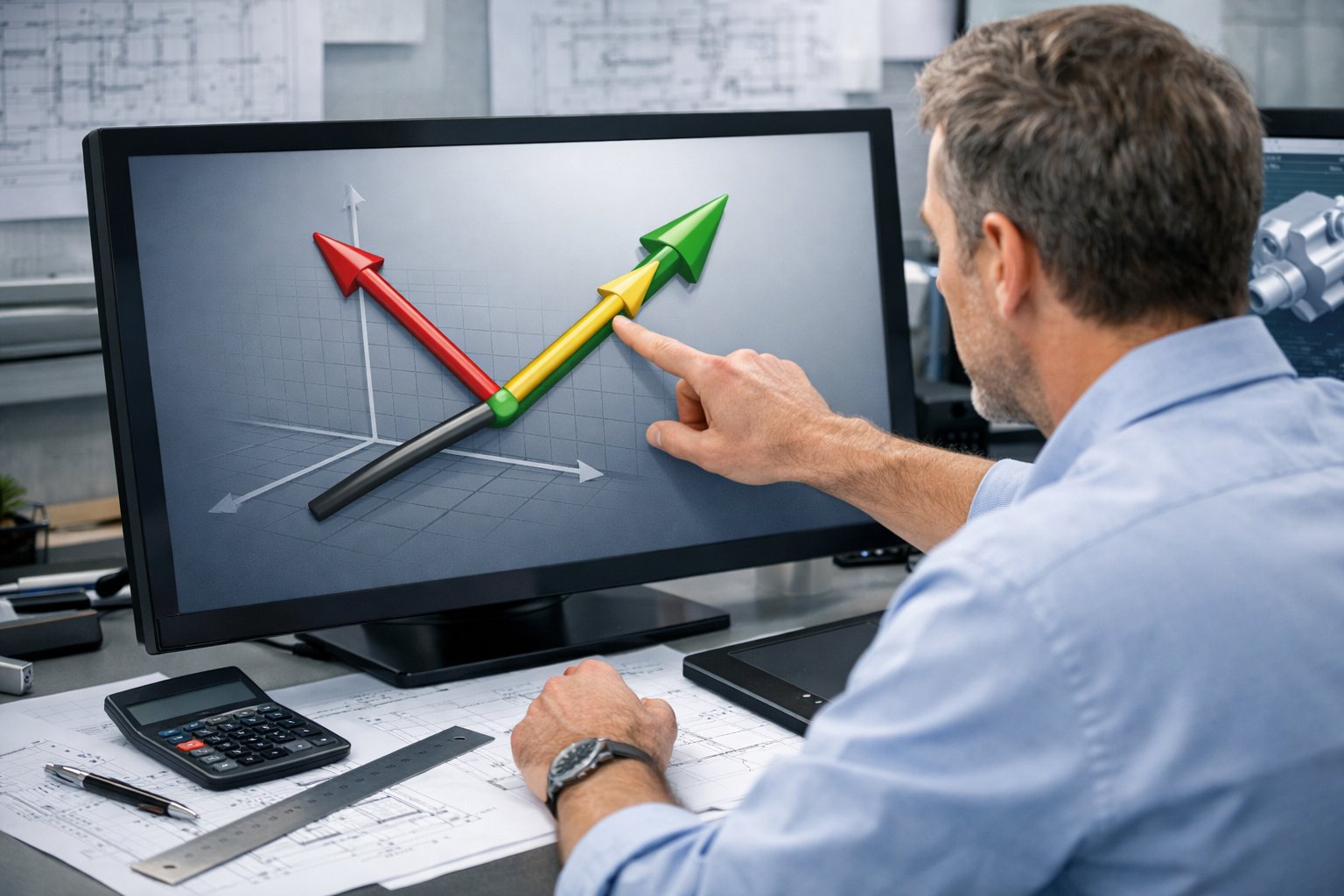 Inženjer radi na računalu s prikazom vektora na ekranu u modernom uredu.
