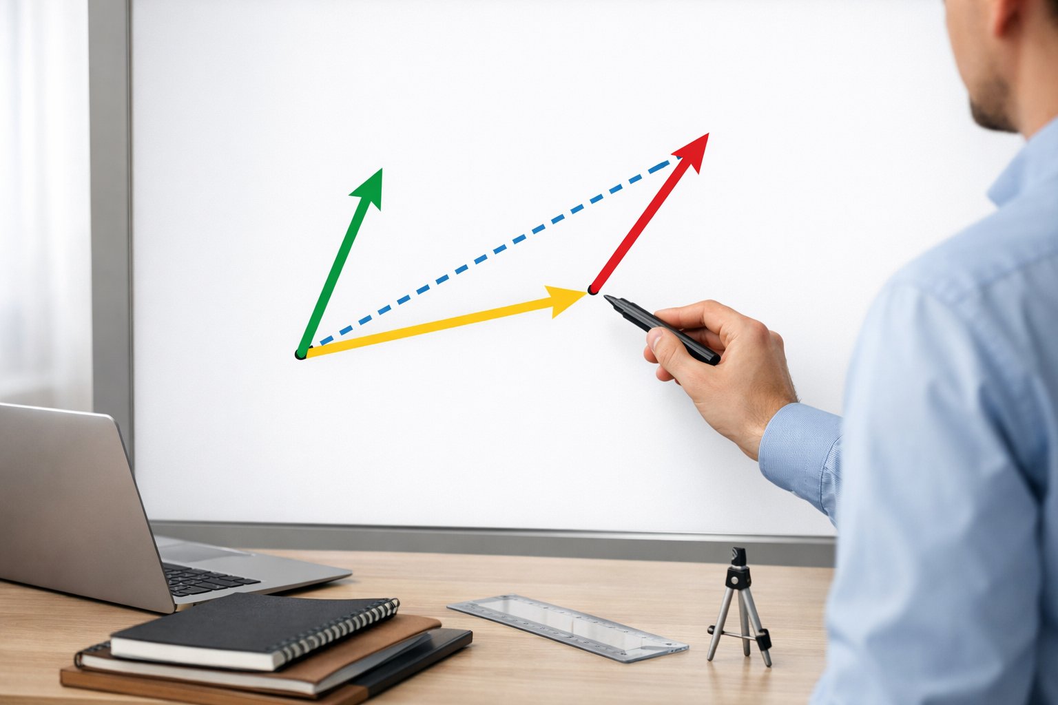 Osoba pokazuje na ploču s prikazom oduzimanja vektora pomoću strelica u urednom radnom prostoru.