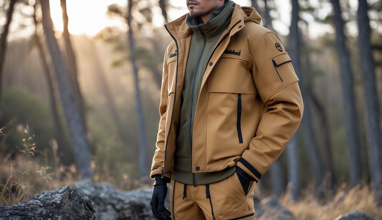 Seorang model mengenakan jaket dan pakaian Timberland di luar ruangan dengan latar belakang alam.