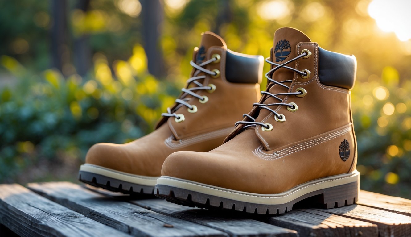 Sepasang sepatu bot Timberland diletakkan di atas permukaan kayu dengan latar belakang alam dan cahaya matahari lembut.
