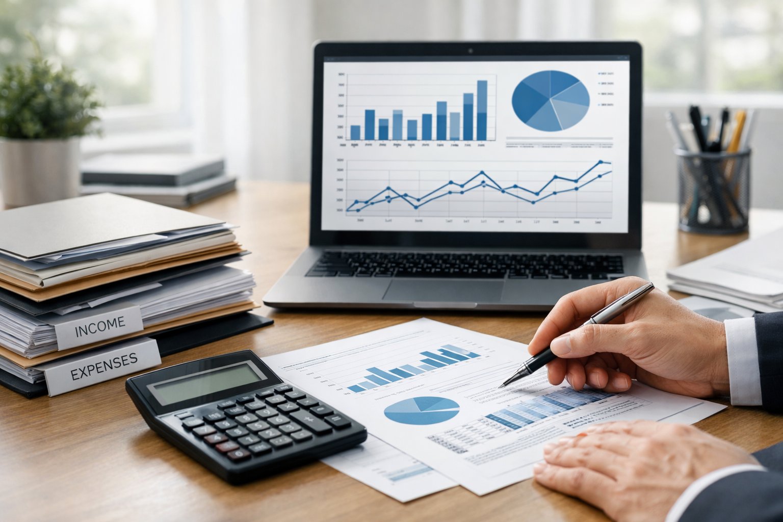 Osoba analizira financijske podatke na uredskom stolu s laptopom, kalkulatorom i dokumentima.