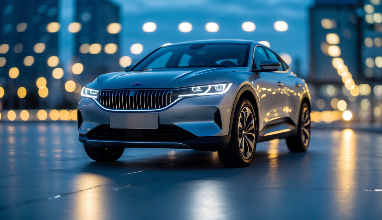 Lampu LED mobil modern menyala terang di depan mobil pada waktu senja.