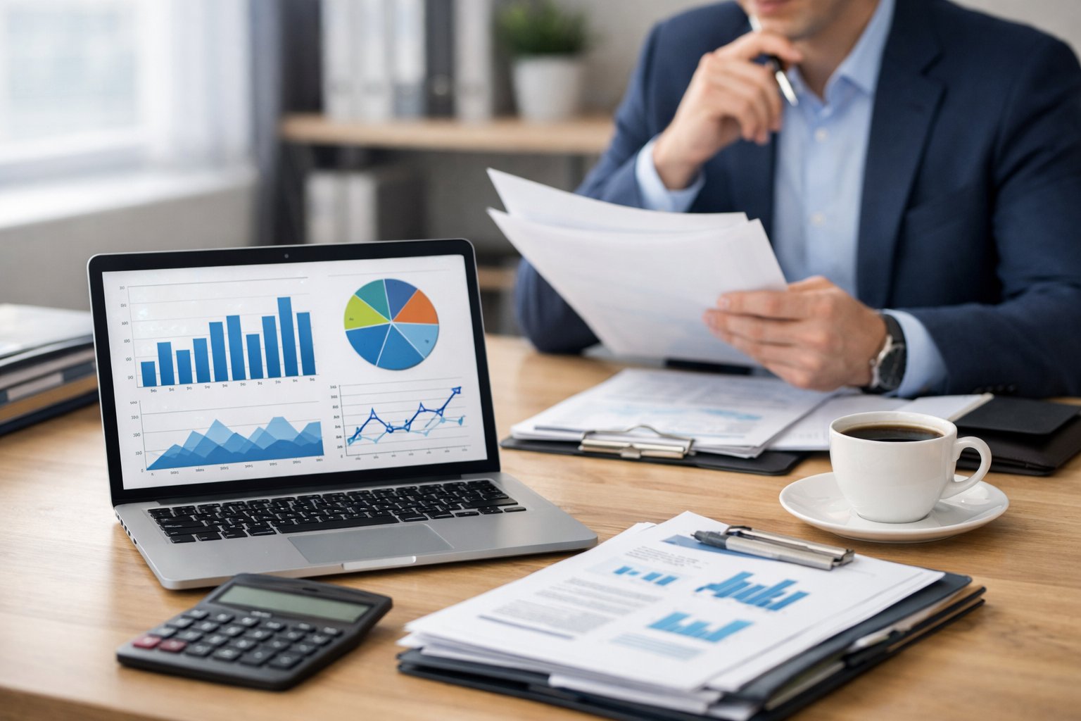 Osoba u uredu pregledava financijske dokumente na stolu s prijenosnim računalom, kalkulatorom i papirima.