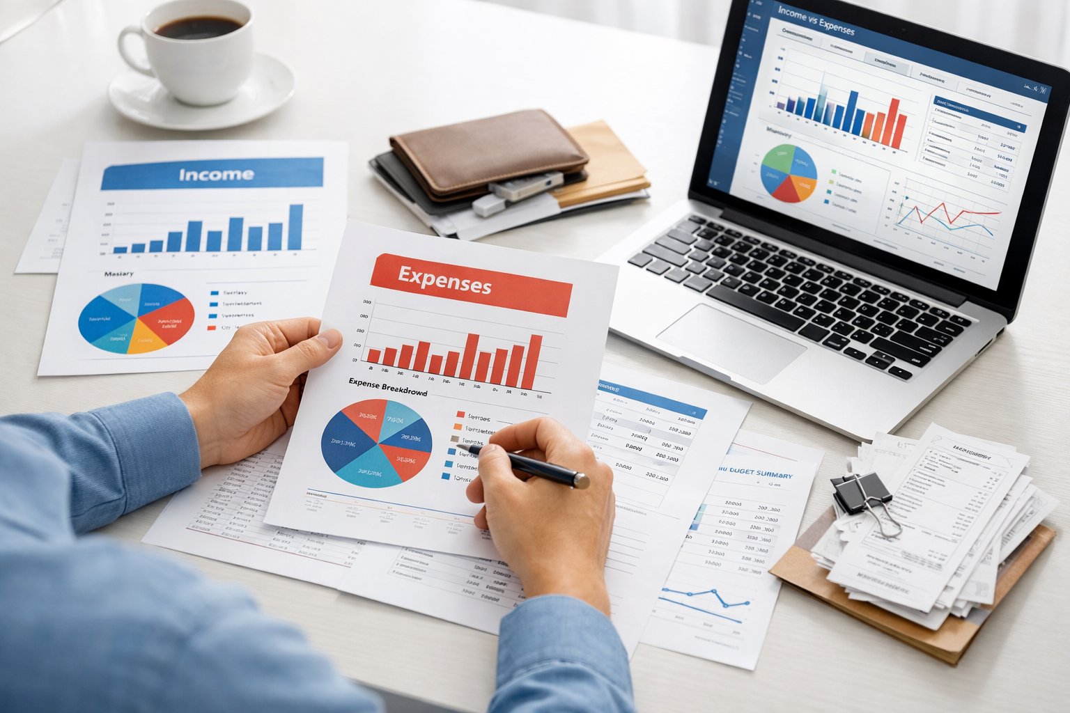 Osoba pregledava financijske dokumente i račune na uredskom stolu.