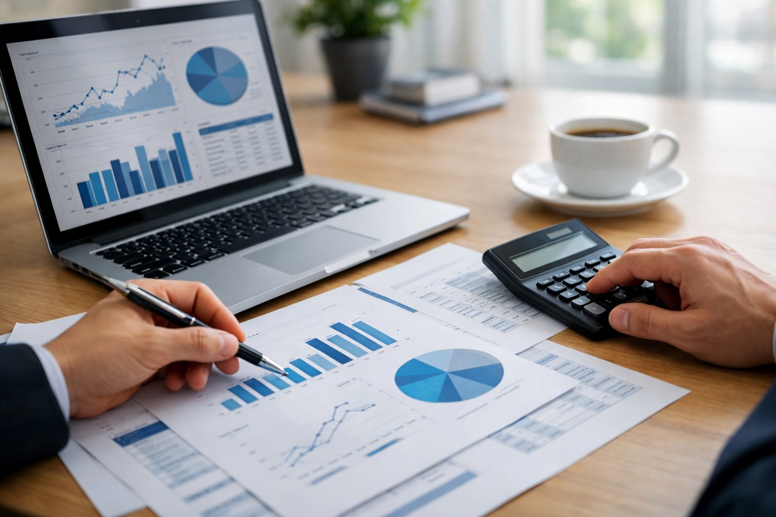 Osoba analizira financijske dokumente s grafikonima i tablicama u modernom uredskom okruženju.