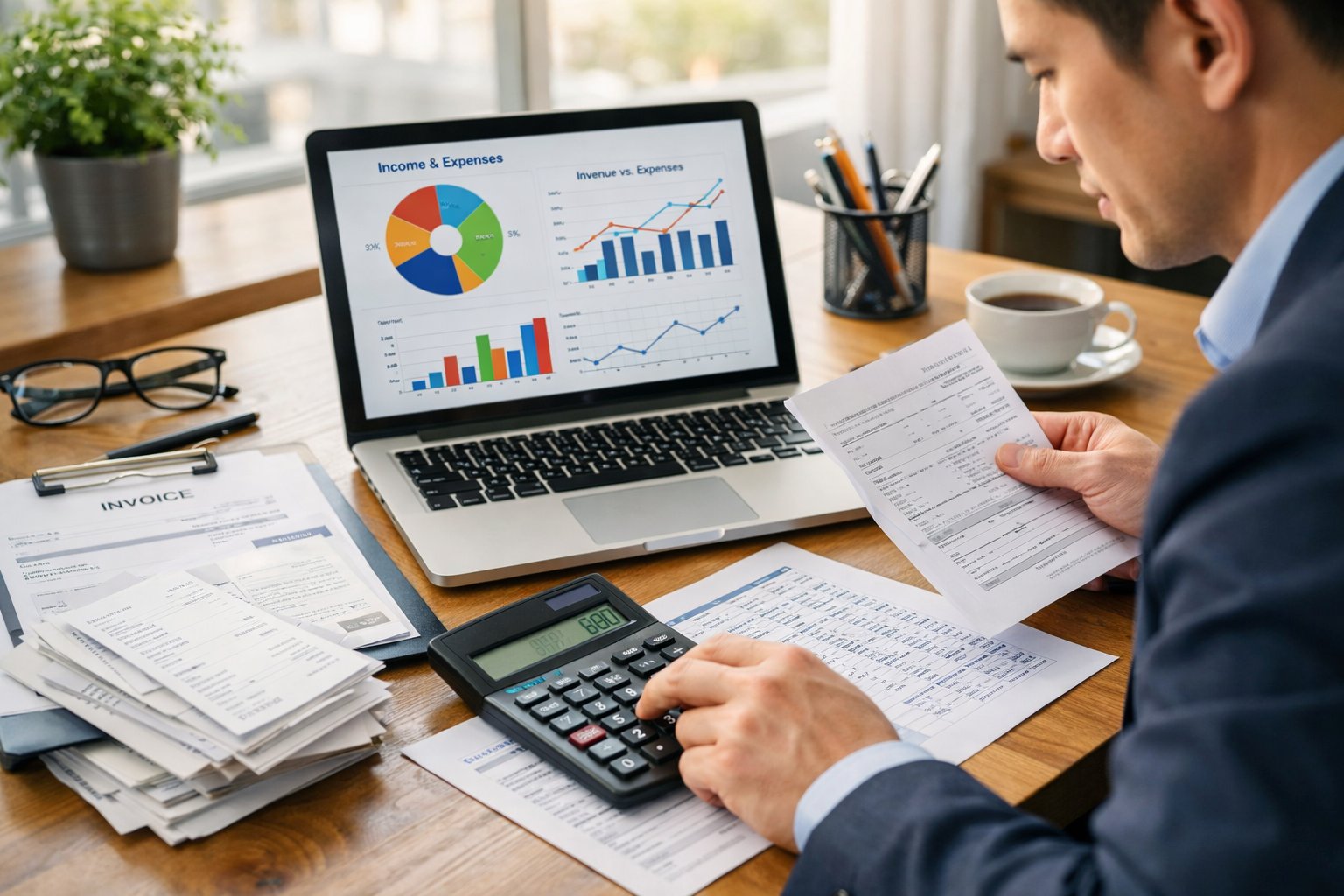 Osoba u poslovnoj odjeći sjedi za uredskim stolom s laptopom, kalkulatorom i papirima, analizirajući financijske podatke.