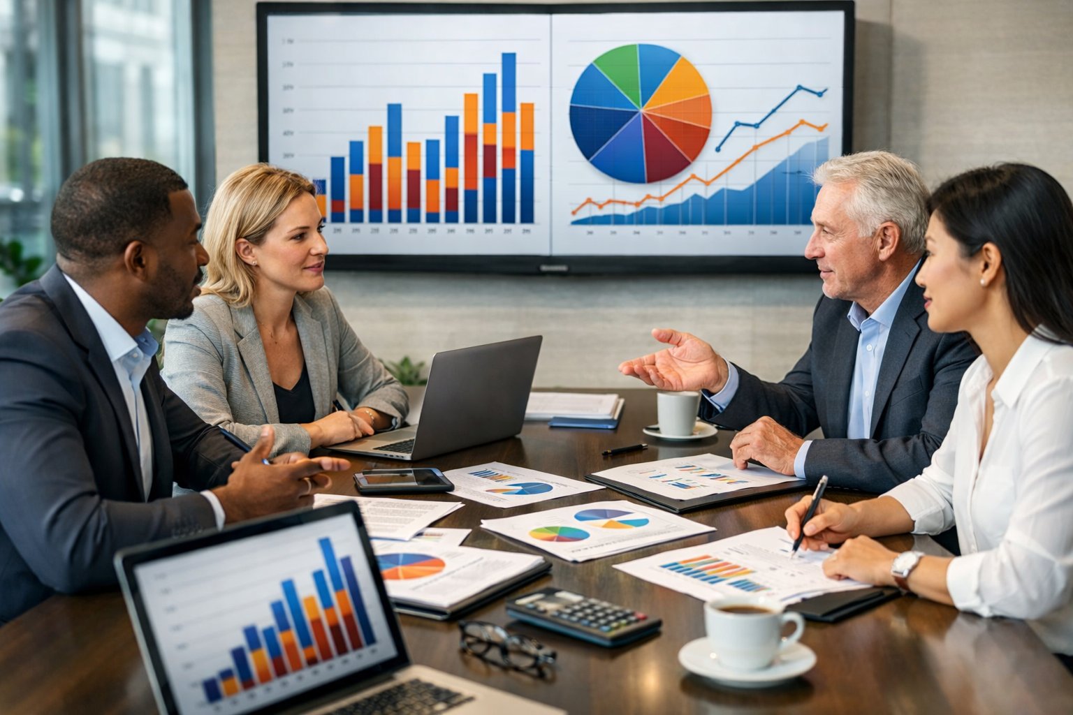 Skupina poslovnih ljudi u uredu raspravlja o financijskim dokumentima i grafikonima prihoda i rashoda.