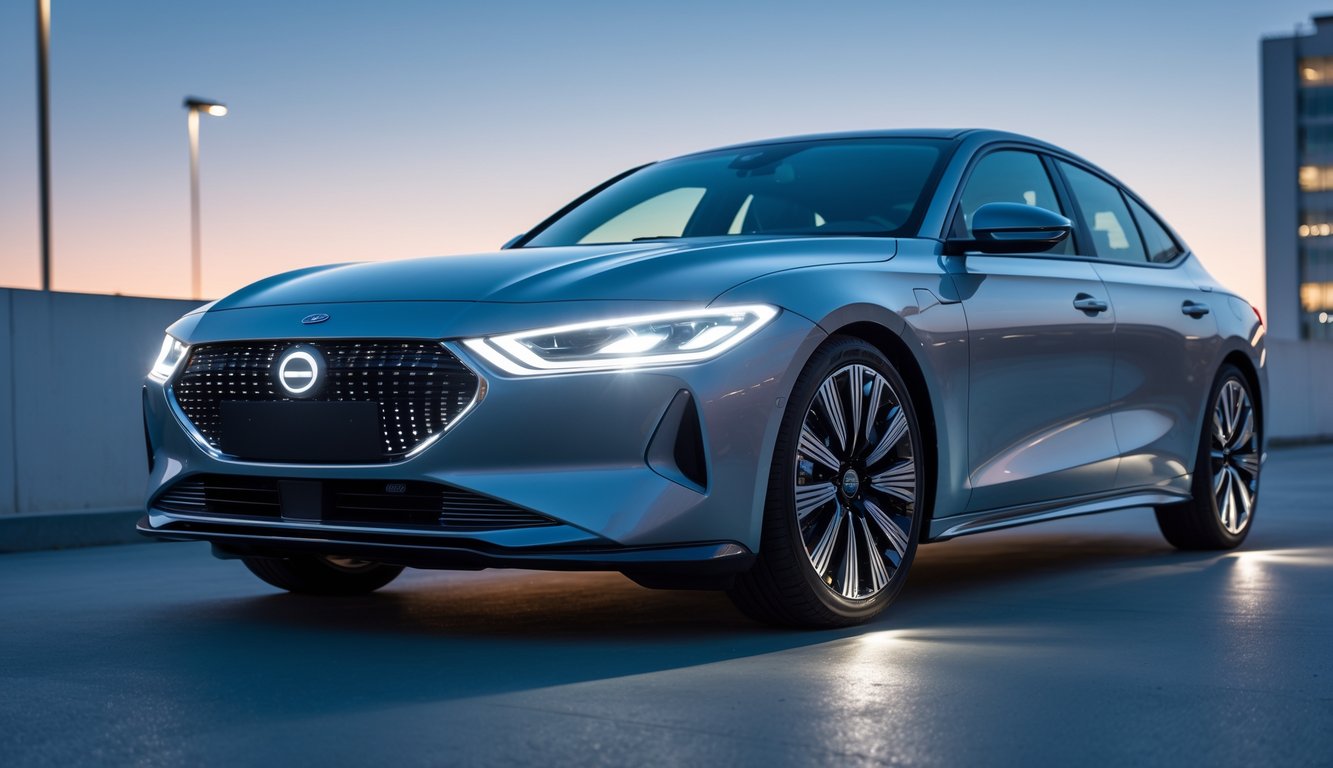 Lampu LED mobil terbaru tahun 2026 menyala di bagian depan mobil yang modern dengan latar belakang kota saat senja.